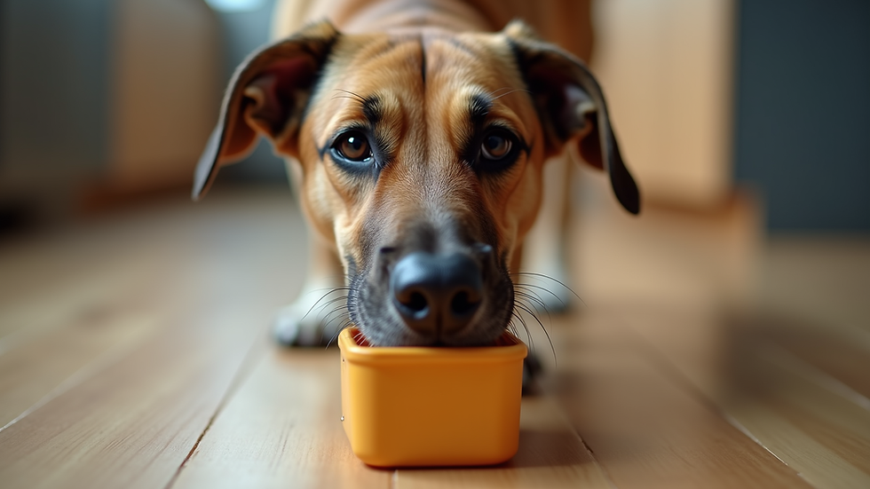 Eye-level view of a dog sniffing a small container during scent training