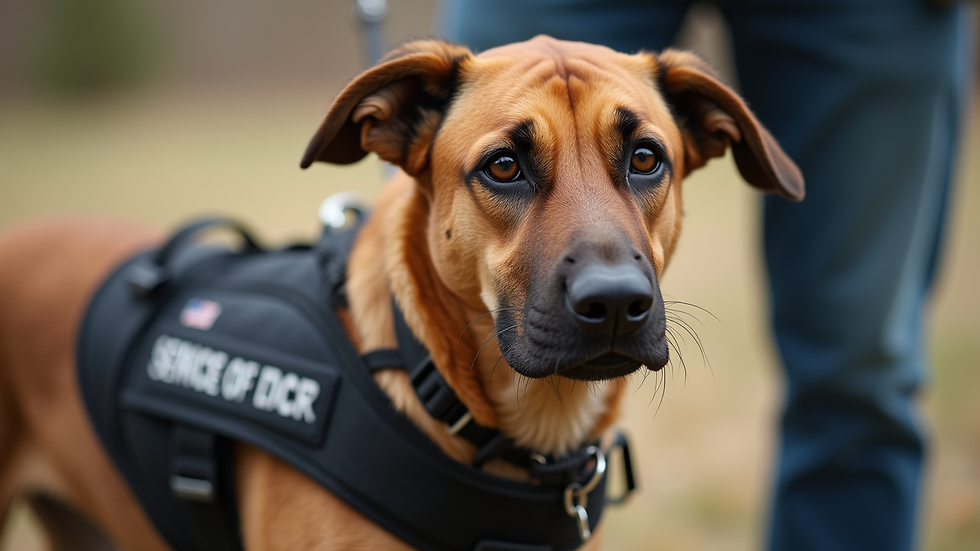 Close-up view of a dog wearing a service vest during a training session