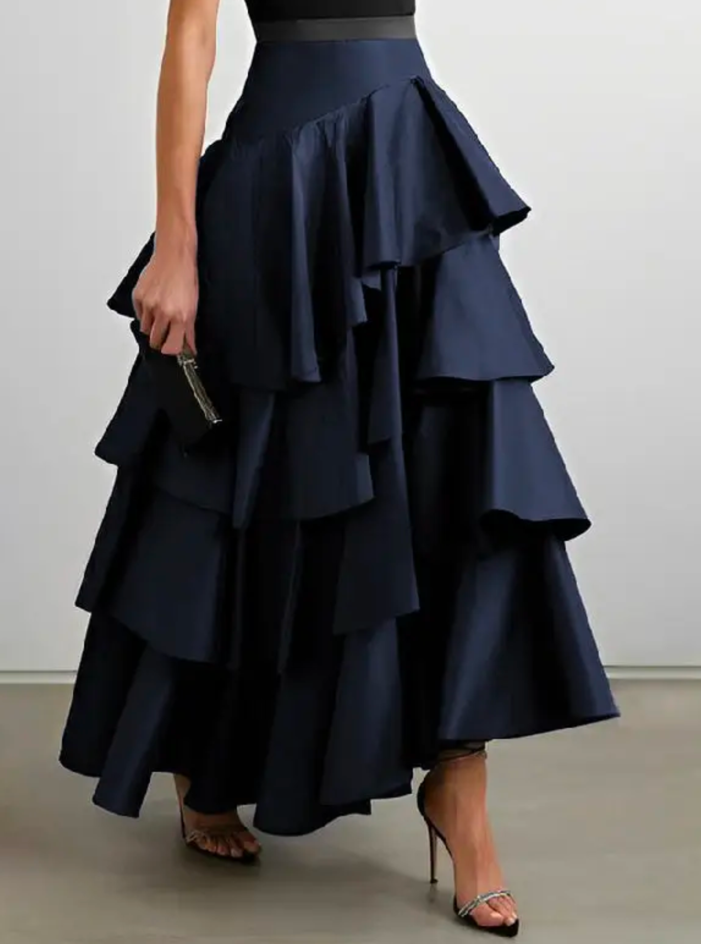 Multi Tier Ruffle Maxi Skirt in Navy 
