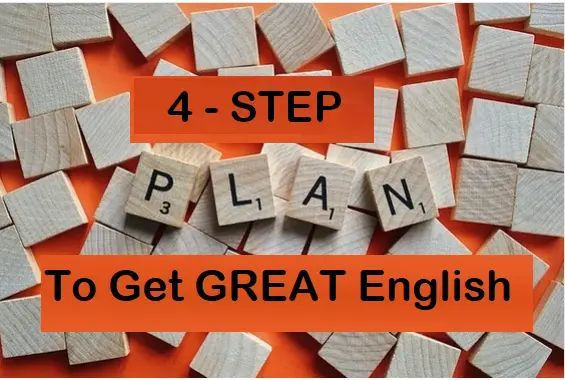 scrabble tiles spell out plan with other black text on orange background and blank tiles spell out 4-step to get great English