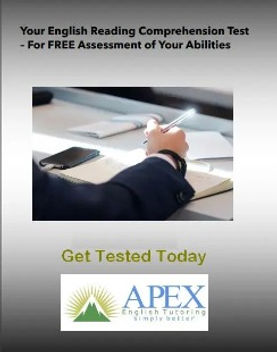 arm with hand writing on notebook on desk with pen. text reads Get tested for Reading Comprehension today
