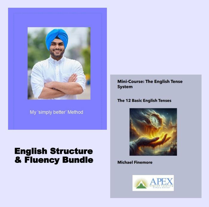 2 images of English Practice Methods with Text reading: English Structure and Fluency Bundle on light blue background