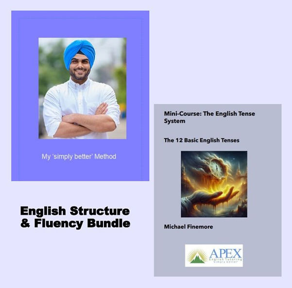 2 images of English practice methods: Text reads: English Structure and Fluency Bundle on light grey background