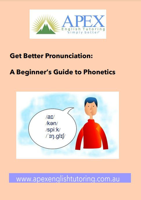 image of man speaking in phonetics below title: Get Better Pronunciation: a beginner's guide to phonetics on light orange background. logo of sun and mountain.