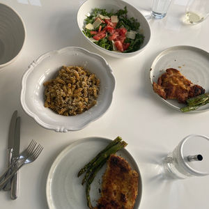Pesto Pasta, Asparagus, and Chicken Cutlet