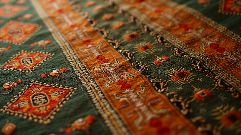 Intricate hand-woven Indian artisan textile with orange patterns