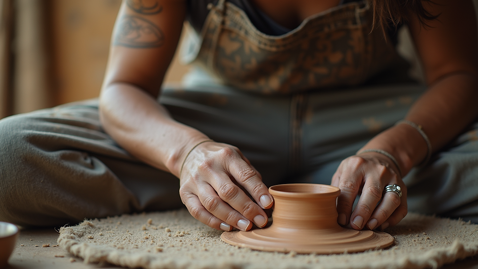 Eye-level view of a rural artisan crafting handmade pottery