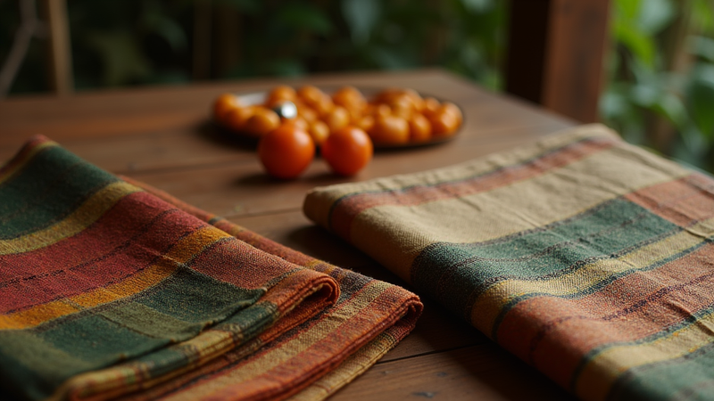 Handwoven striped textiles by Indian artisans on a wooden table.