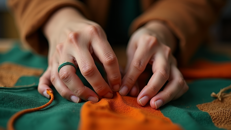 Artisan hands working on green and orange fabric