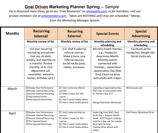 goal driven spring marketing planner for the chiropractic office