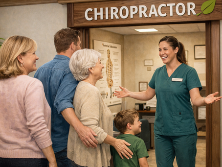 chiropractic staff welcoming a family of patients to the office