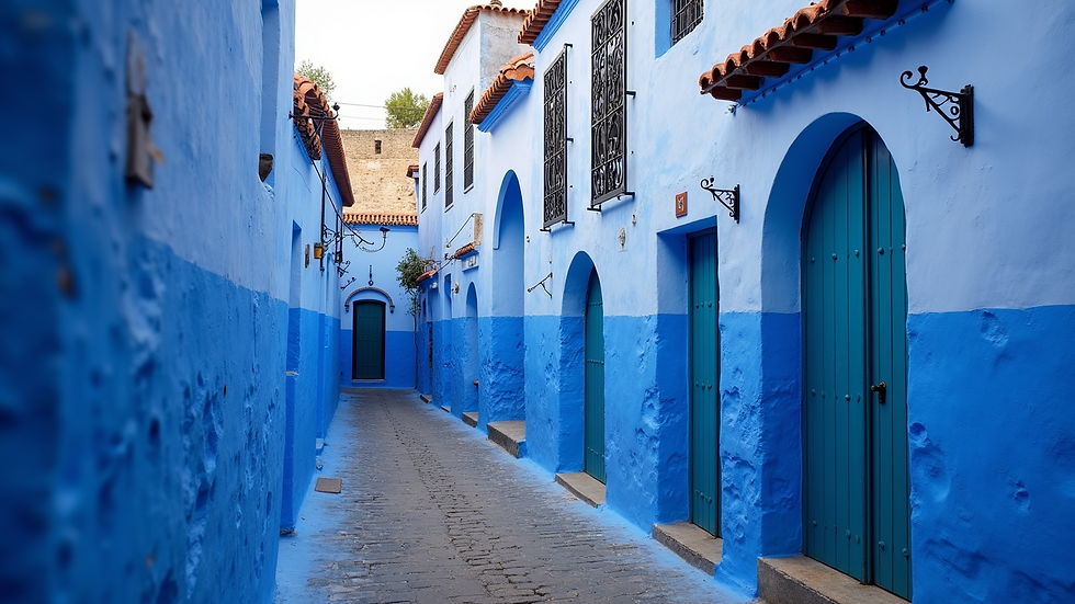 Wide angle view of the blue streets in Chefchaouen, Morocco