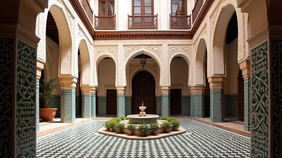 Eye-level view of a traditional Moroccan riad courtyard with intricate tilework
