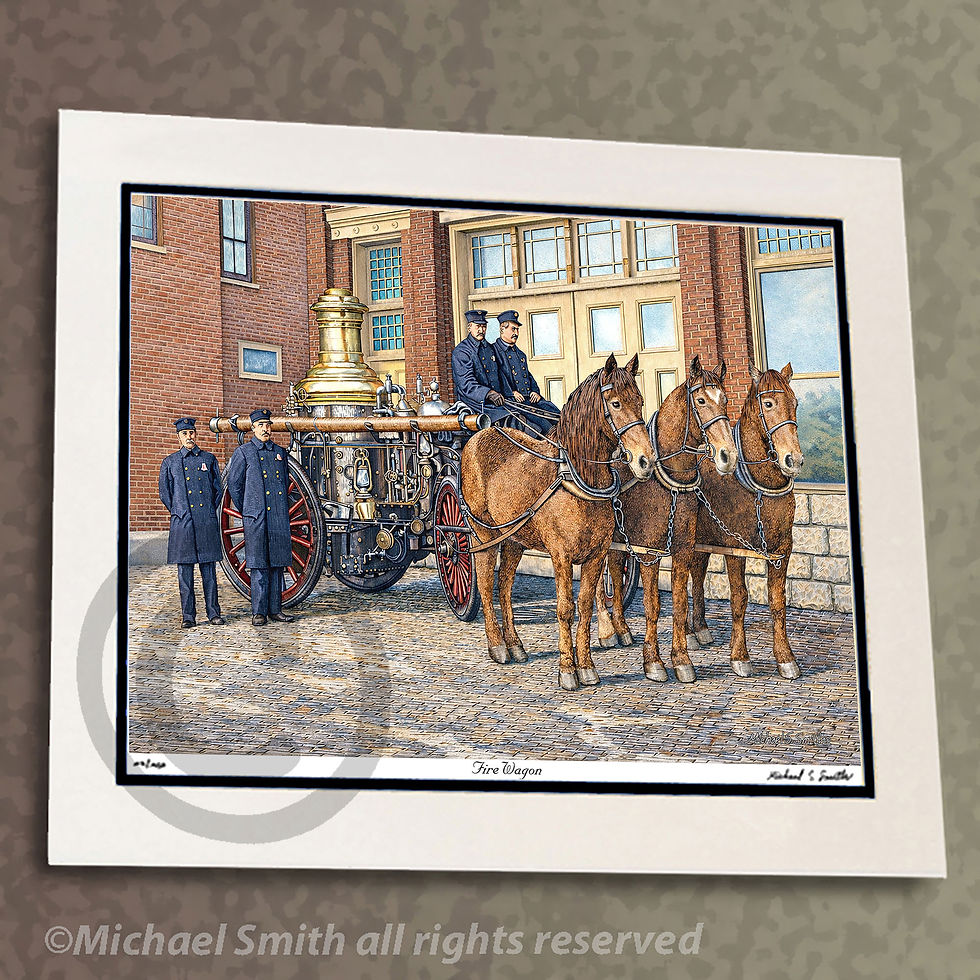 Thumbnail: Horse drawn fire pumper art print by Michael Smith