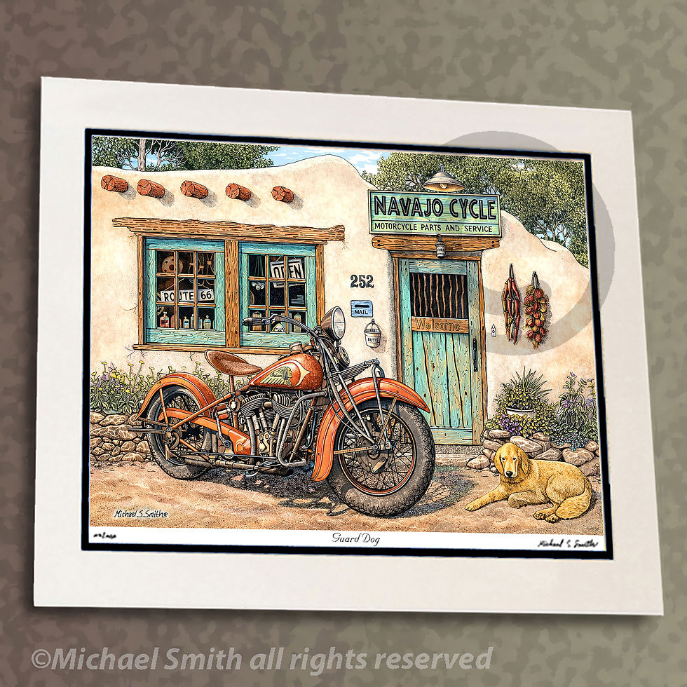 Thumbnail: New Mexico cycle shop with Indian Cycle and Golden Retriever art print by Michael Smith