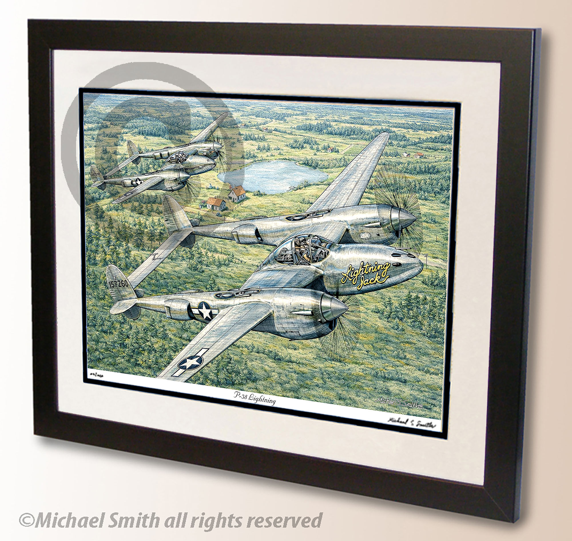 Lockheed P-38 pen and ink art print by Michael Smith
