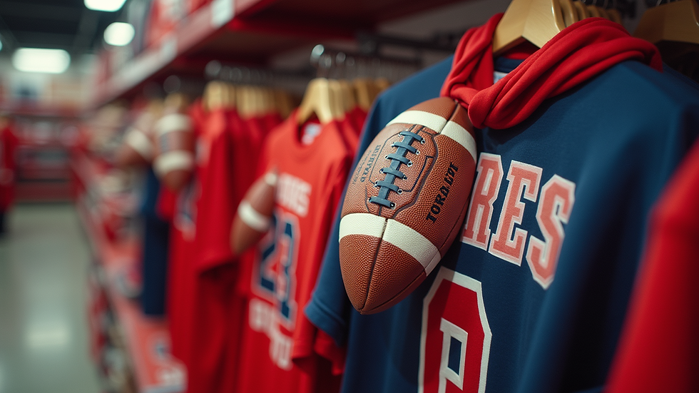 Eye-level view of a colorful display of Torres High School flag football merchandise