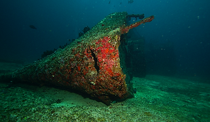 The C-58 wreck in Cancun, covered in coral and marine life, resting on the ocean floor. Promoting the Wreck Diving Course with Scuba Total Cancun.