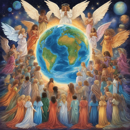 Many colorful different races of angels men and women watching earth.jpg