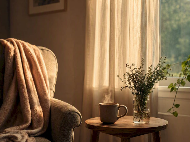 Tea cup and greenery on wooden table in warm home corner