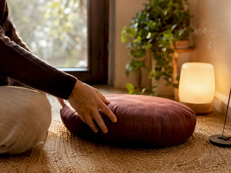 Hand rückt ein Meditationskissen neben einer Kerze zurecht