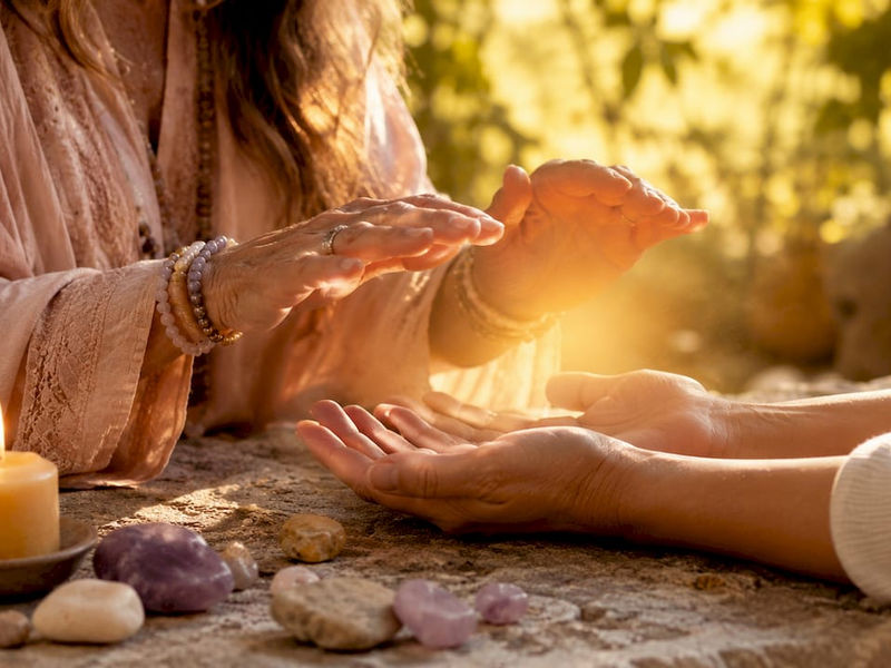 Manos de una practicante de reiki transmitiendo energía calmante sobre unas palmas abiertas