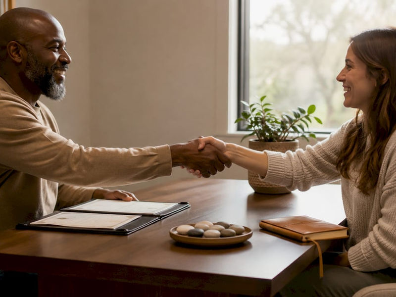 Terapeuta holístico licenciado estrechando la mano de un cliente.