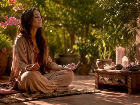 Woman meditating in warm sacred home space