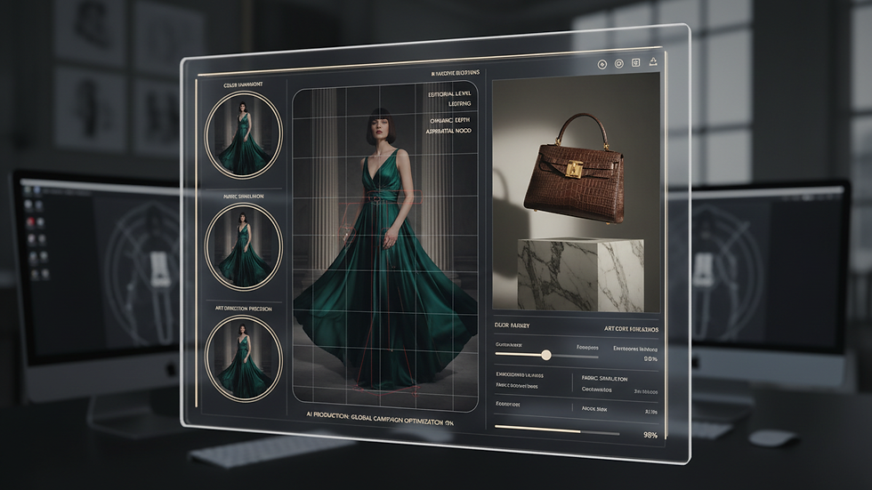 Close-up view of a digital interface showing AI-assisted editing of luxury fashion visuals
