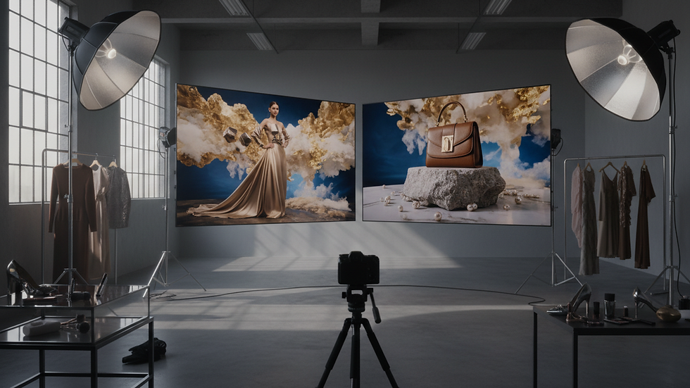 Eye-level view of a fashion studio with digital screens displaying AI-generated visuals