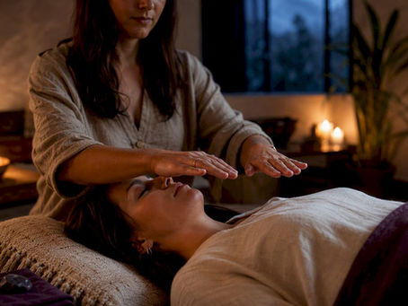 Practitioner holding hands above Reiki seeker