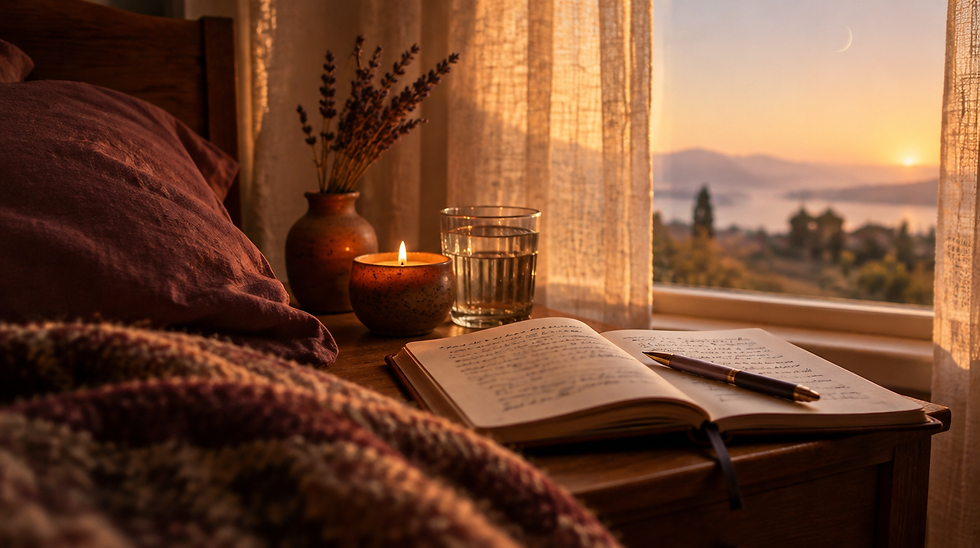 Un diario abierto con un bolígrafo, una pequeña vela encendida, un vaso de agua y una ramita de lavanda sobre una mesilla de madera con la suave luz del amanecer, una manta de lana al lado