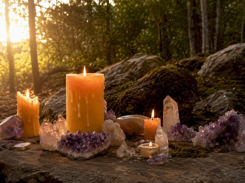 Altar mit Kerzen und Kristallen in goldenem Licht