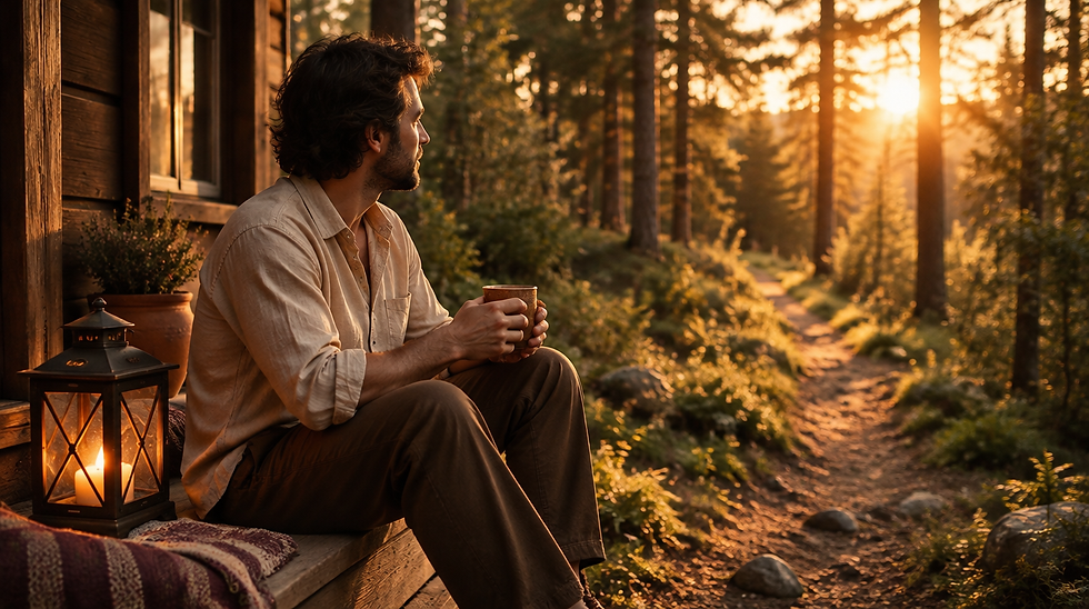 Un hombre con camisa de lino color arena está sentado a solas en el escalón de madera de una cabaña en el bosque a la hora dorada, con una taza de té en las manos y la mirada hacia los árboles, junto a un farol con una vela y un sendero estrecho que entra en el bosque iluminado