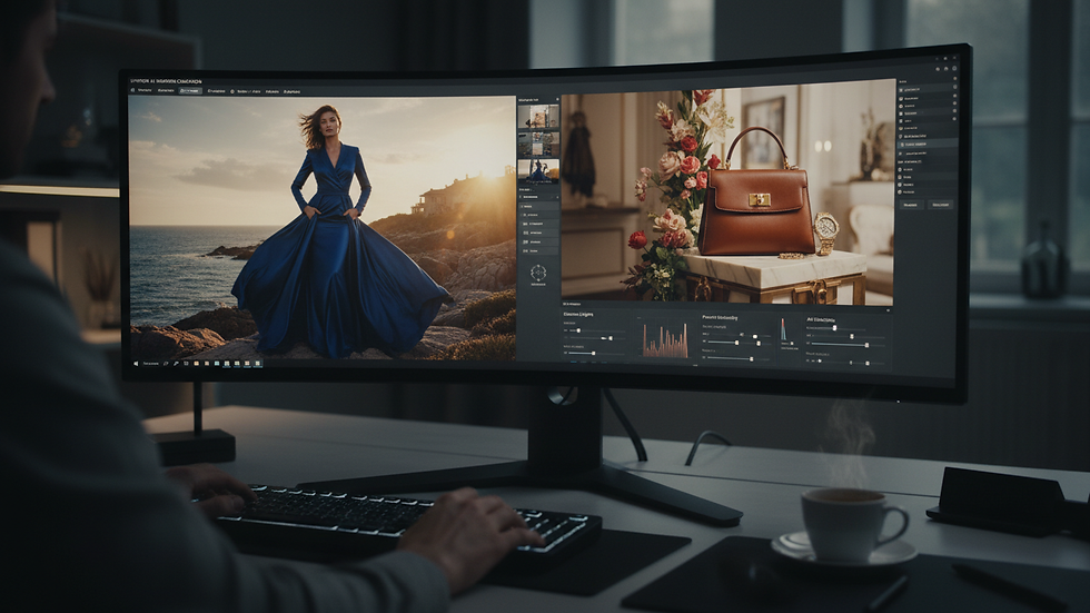 Close-up view of a digital workstation showing AI-assisted fashion campaign editing