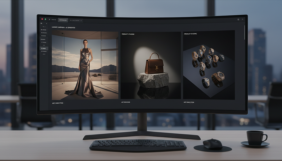 Fashion campaign visuals on a studio monitor — AI Advertising for Premium Brands: Staying in Control