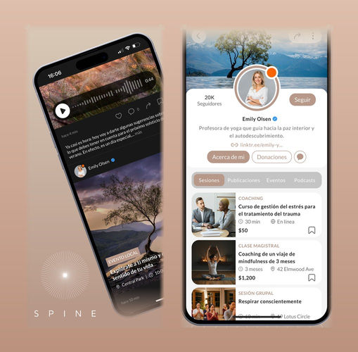 El feed de Spine App con una publicación hablada y los botones de me gusta, comentar, compartir y guardar, junto al perfil de una profesional con botón de seguir, 20K seguidores, icono de mensaje y las pestañas Sesiones, Publicaciones, Eventos y Pódcast