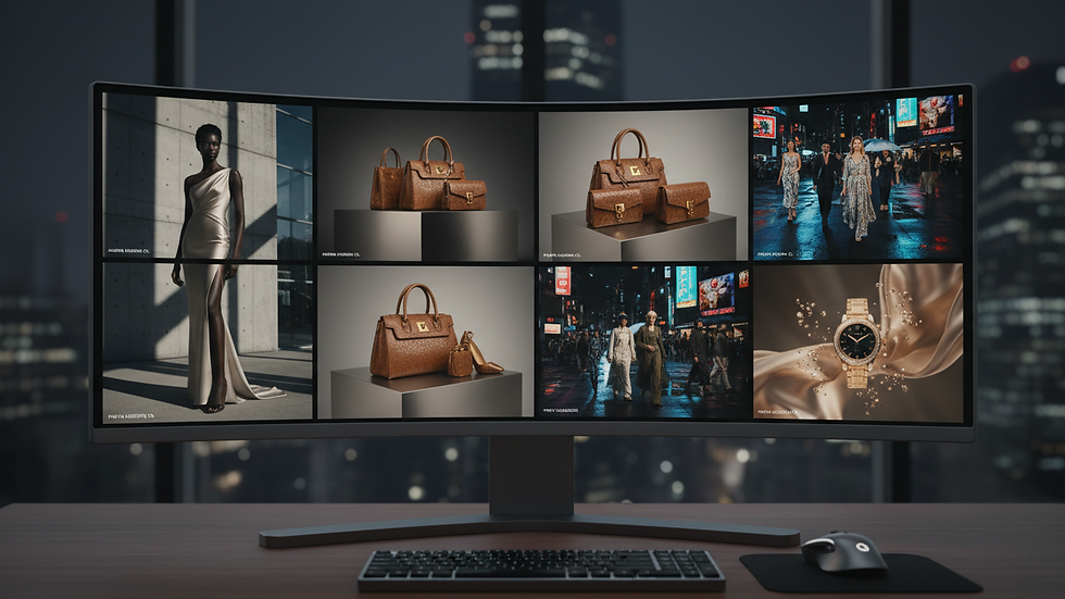 Close-up view of a digital workstation showing AI-generated fashion campaign imagery