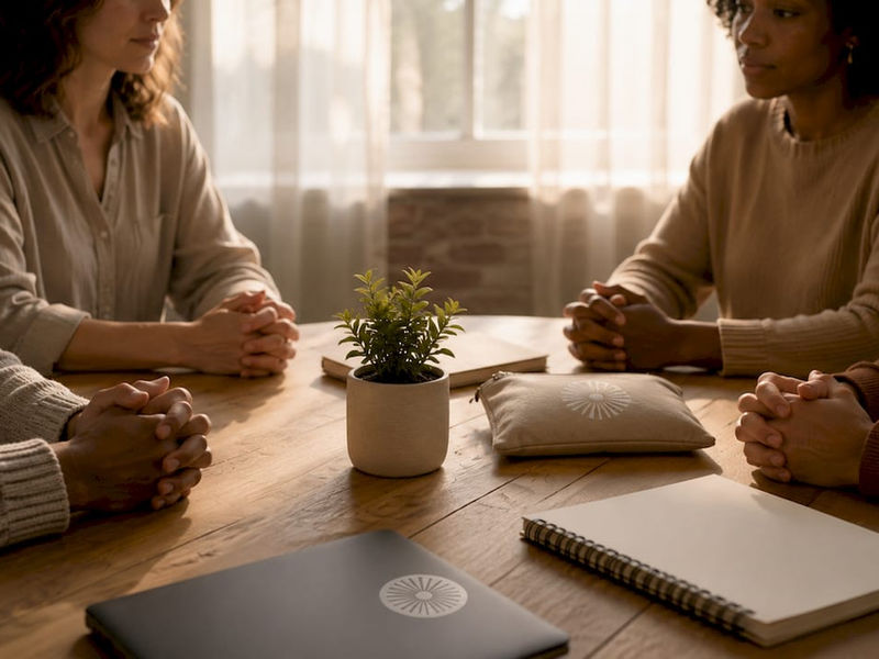 Close-up of diverse hands in peer support group