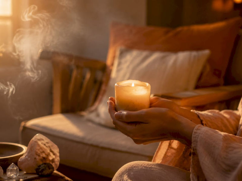Hands holding a glowing candle with incense smoke