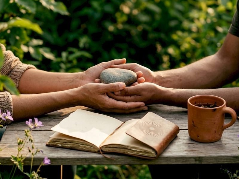 Hands holding stone and journal in therapy space