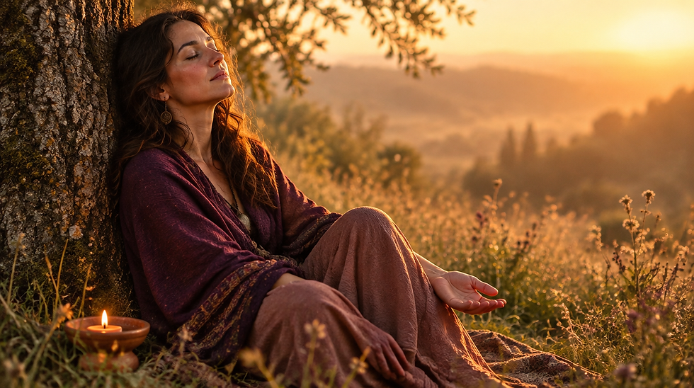 A woman resting against a large old tree at golden hour, eyes closed, one hand open on her knee, a quiet meadow and soft light behind her