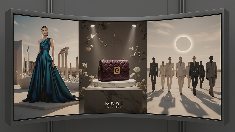 Close-up view of a digital screen showing AI-generated fashion campaign imagery
