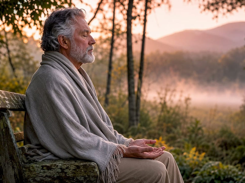 Hombre mayor meditando junto a un río al amanecer