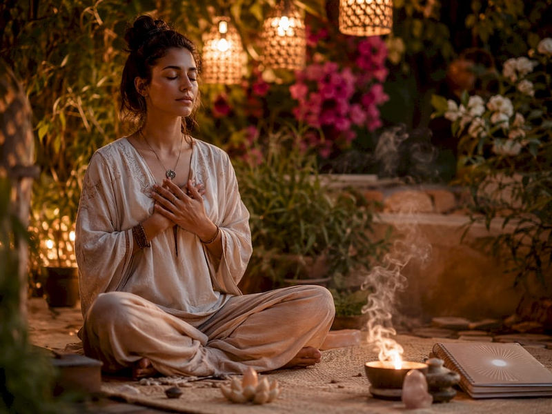 Mujer meditando en un espacio sagrado iluminado con velas