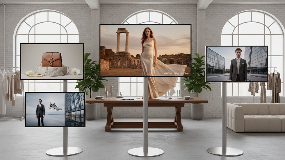 Eye-level view of a fashion studio with digital screens displaying AI-generated campaign imagery