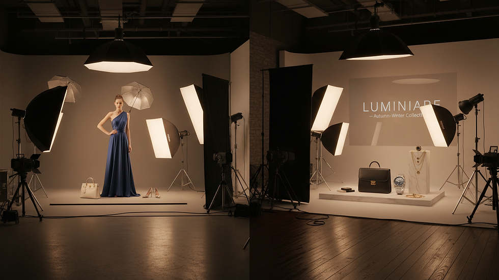 Eye-level view of a professional studio setup with fashion products and lighting equipment