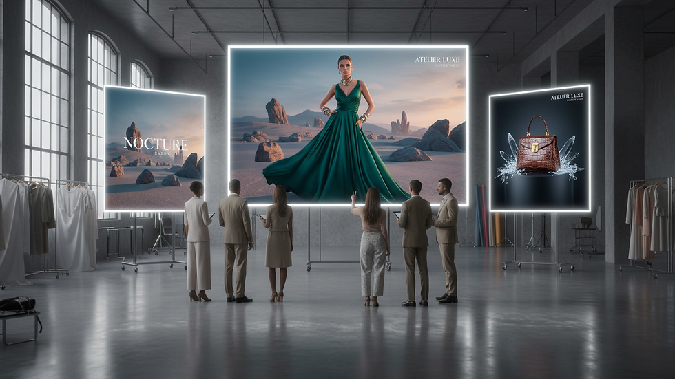 Eye-level view of a fashion studio with AI-generated imagery on digital screens