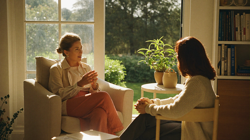 Dos mujeres sentadas frente a frente en sillones junto a un ventanal con luz cálida de tarde, una habla y la otra escucha, rodeadas de plantas y libros