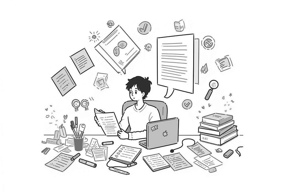 Ilustração de um jovem sentado à mesa, cercado por anotações, livros e papéis, representando o processo de leitura e resumo de textos com apoio da tecnologia.